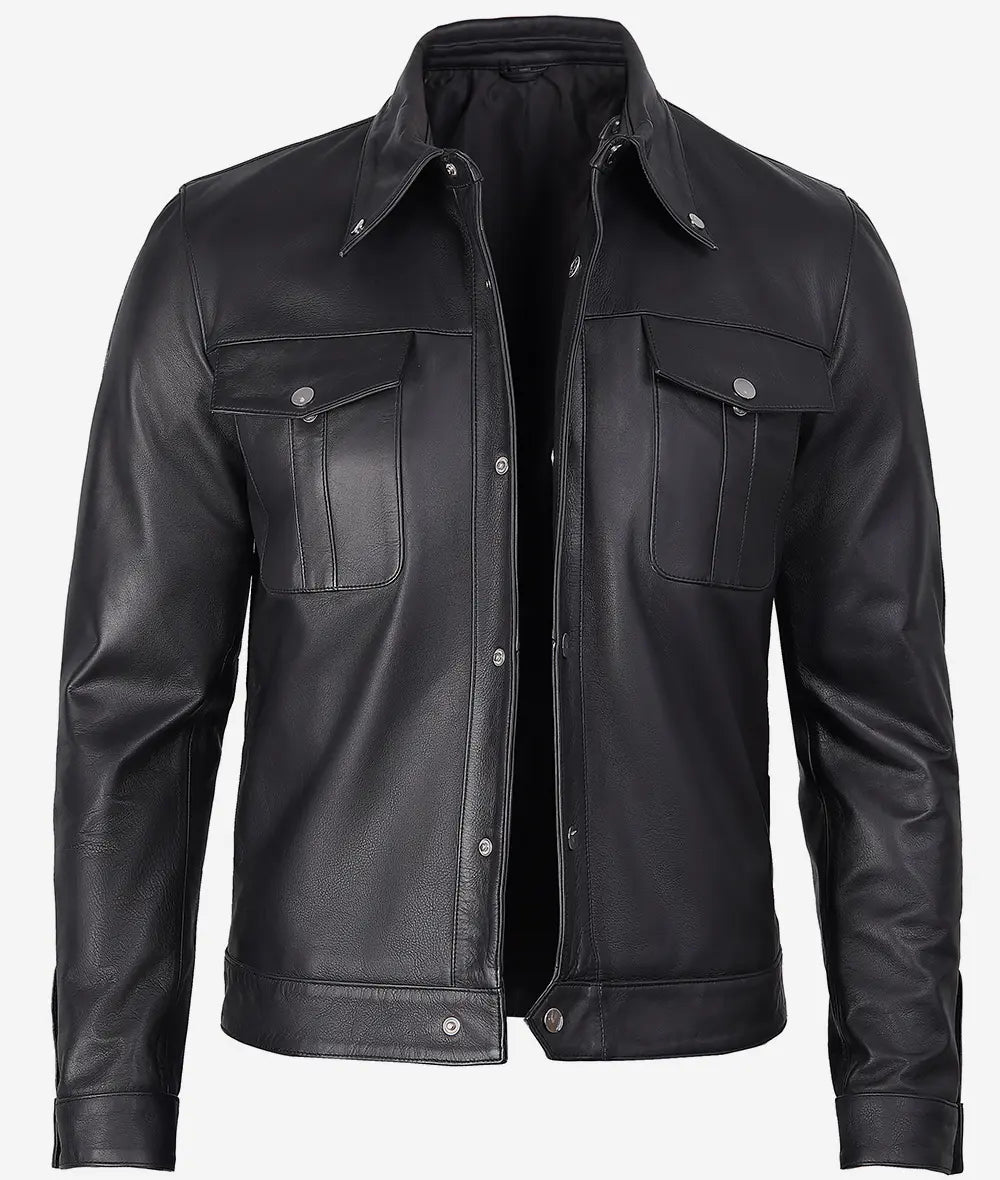 Men's Black Premium Trucker Leather Jacket : GRANDEUR EDITION