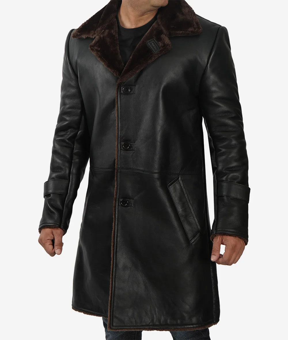 Men's Black Shearling 3/4 Length Winter Leather Coat