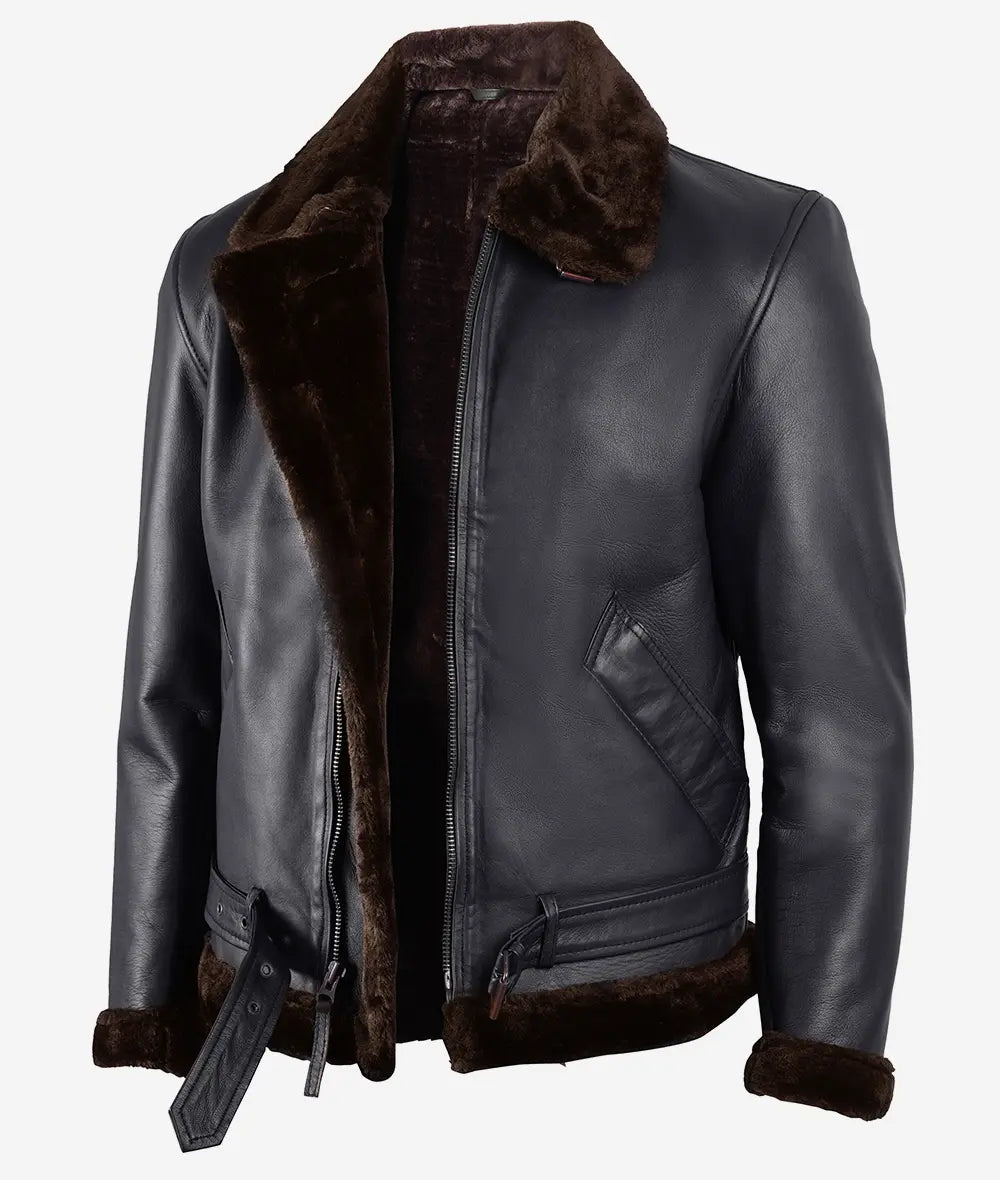 Men's Black Shearling Leather Jacket with Brown Fur