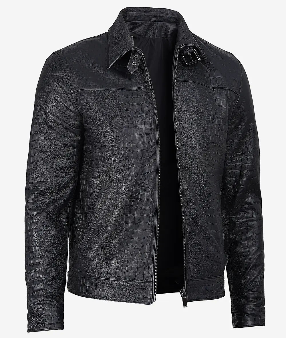 Men's Black Crocodile-Embossed Calfskin Bomber Jacket : GRANDEUR EDITION