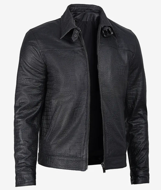 Men's Black Crocodile-Embossed Calfskin Bomber Jacket : GRANDEUR EDITION