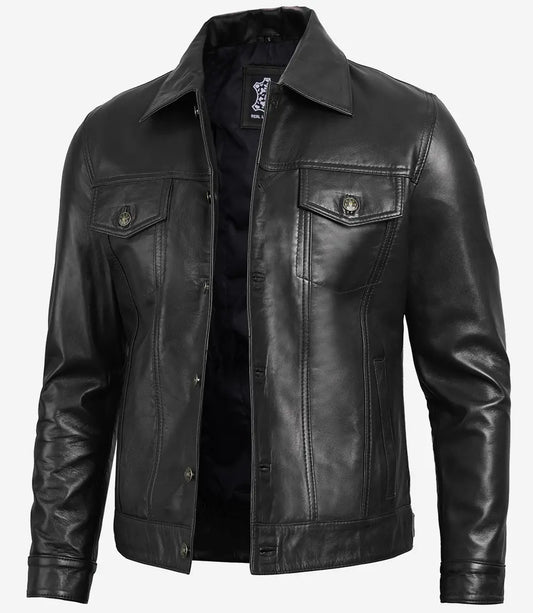 Men's Four Pocket Black Trucker Leather Jacket