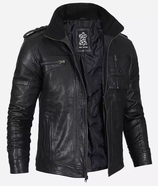 Men's Washed Black Real Leather Biker Jacket