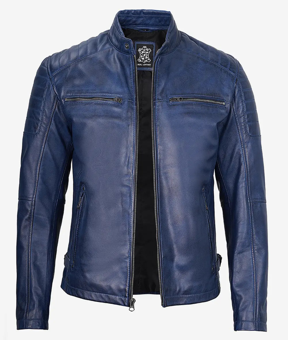 Men's Cafe Racer Blue Waxed Leather Jacket