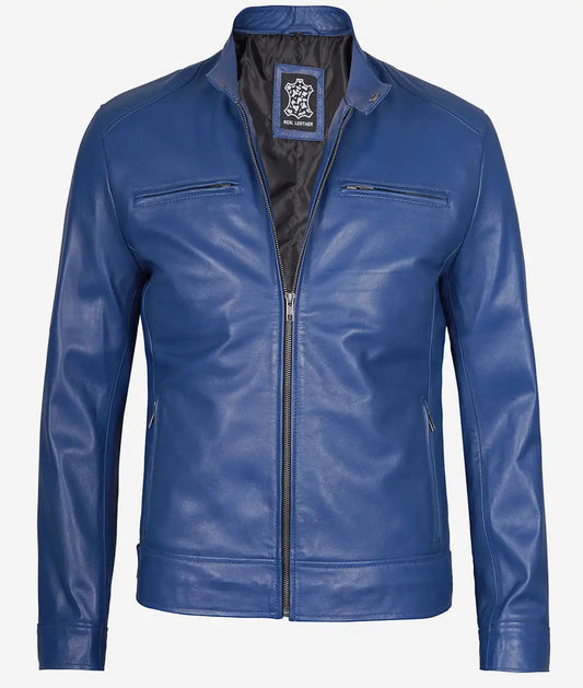 Men's Cafe Racer Classic Blue Leather Jacket