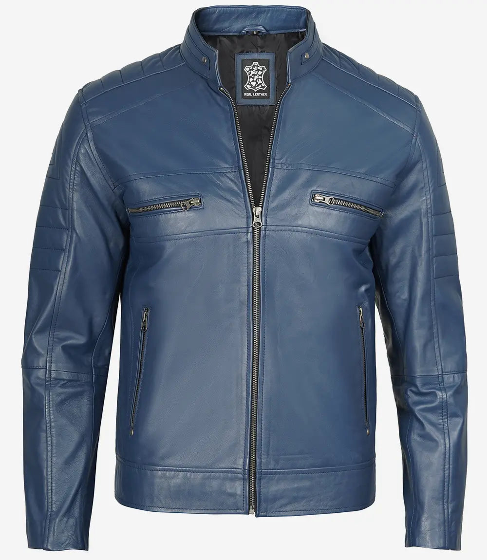 Men's Stylish Slim Fit Blue Cafe Racer Leather Jacket