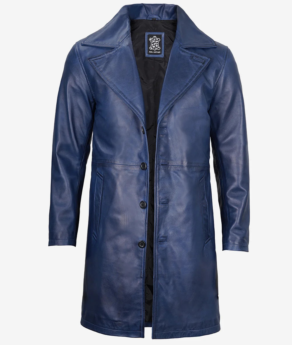 Men's Blue 3/4 Length Real Leather Car Coat