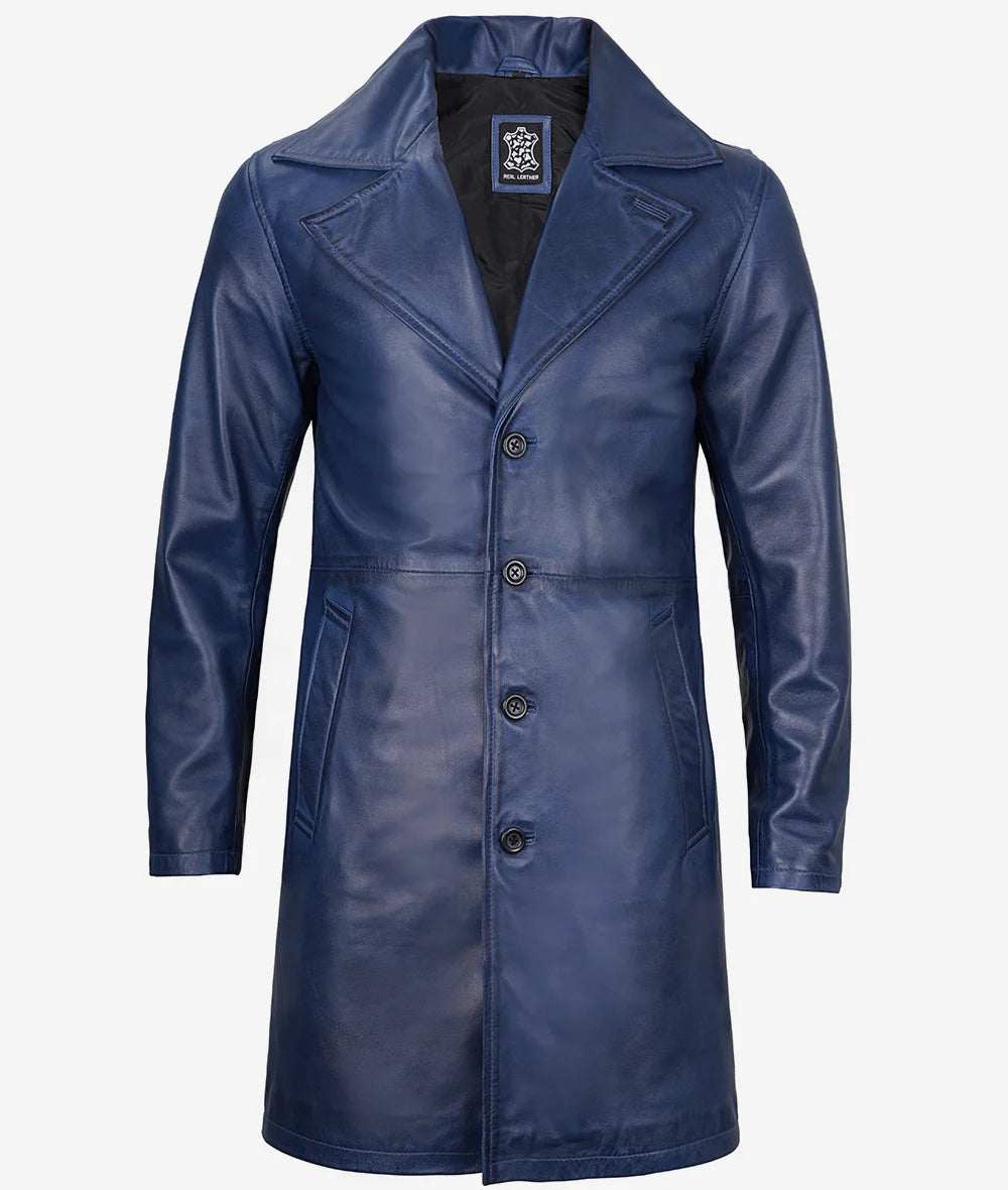 Men's Blue 3/4 Length Real Leather Car Coat