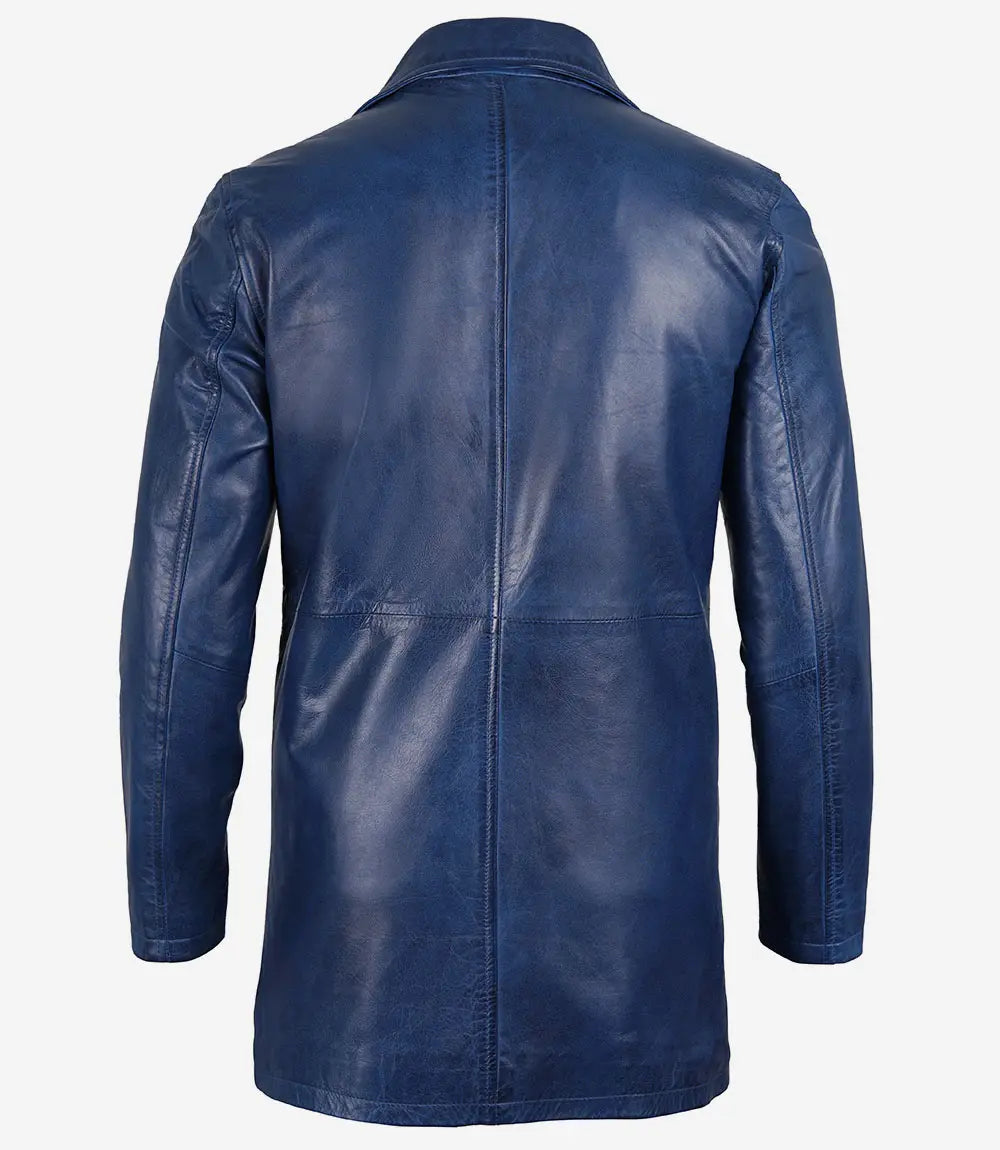 Men's Blue Waxed 3/4 Length Real Leather Car Coat