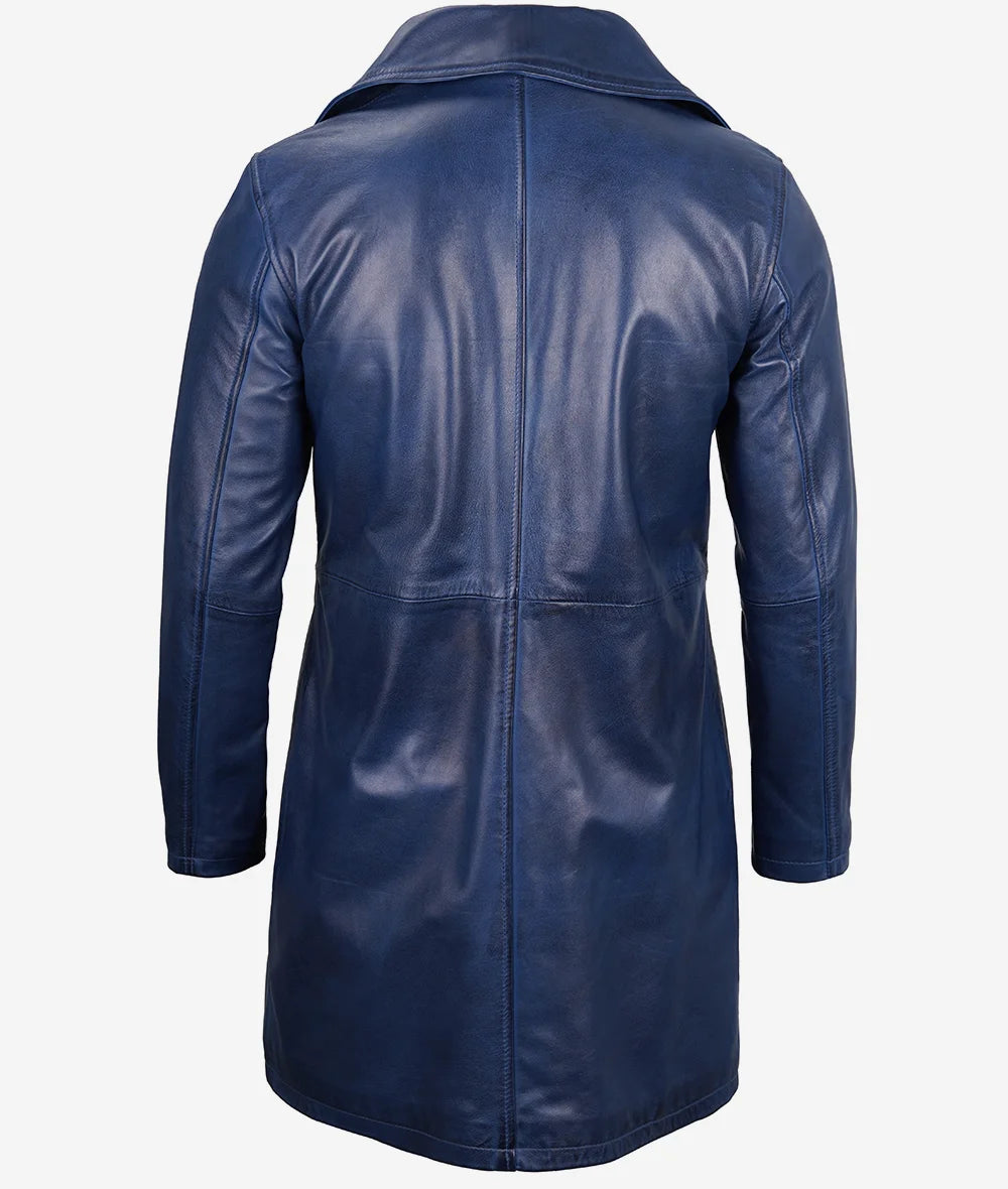 Men's Blue 3/4 Length Real Leather Car Coat