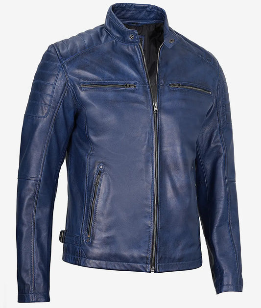 Men's Cafe Racer Blue Waxed Leather Jacket