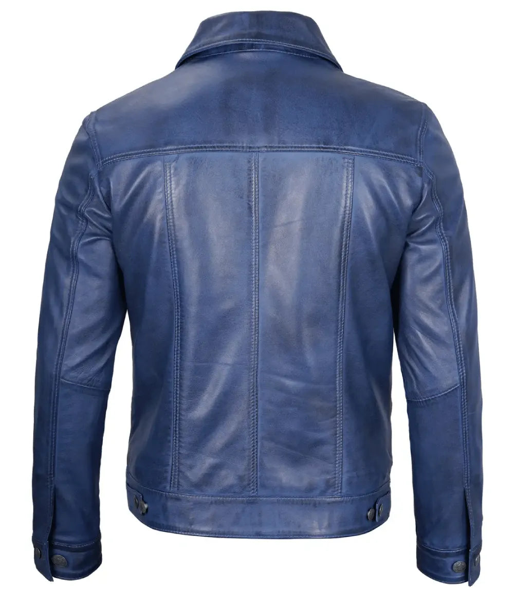 Men's Blue Real Lambskin Leather Trucker Jacket