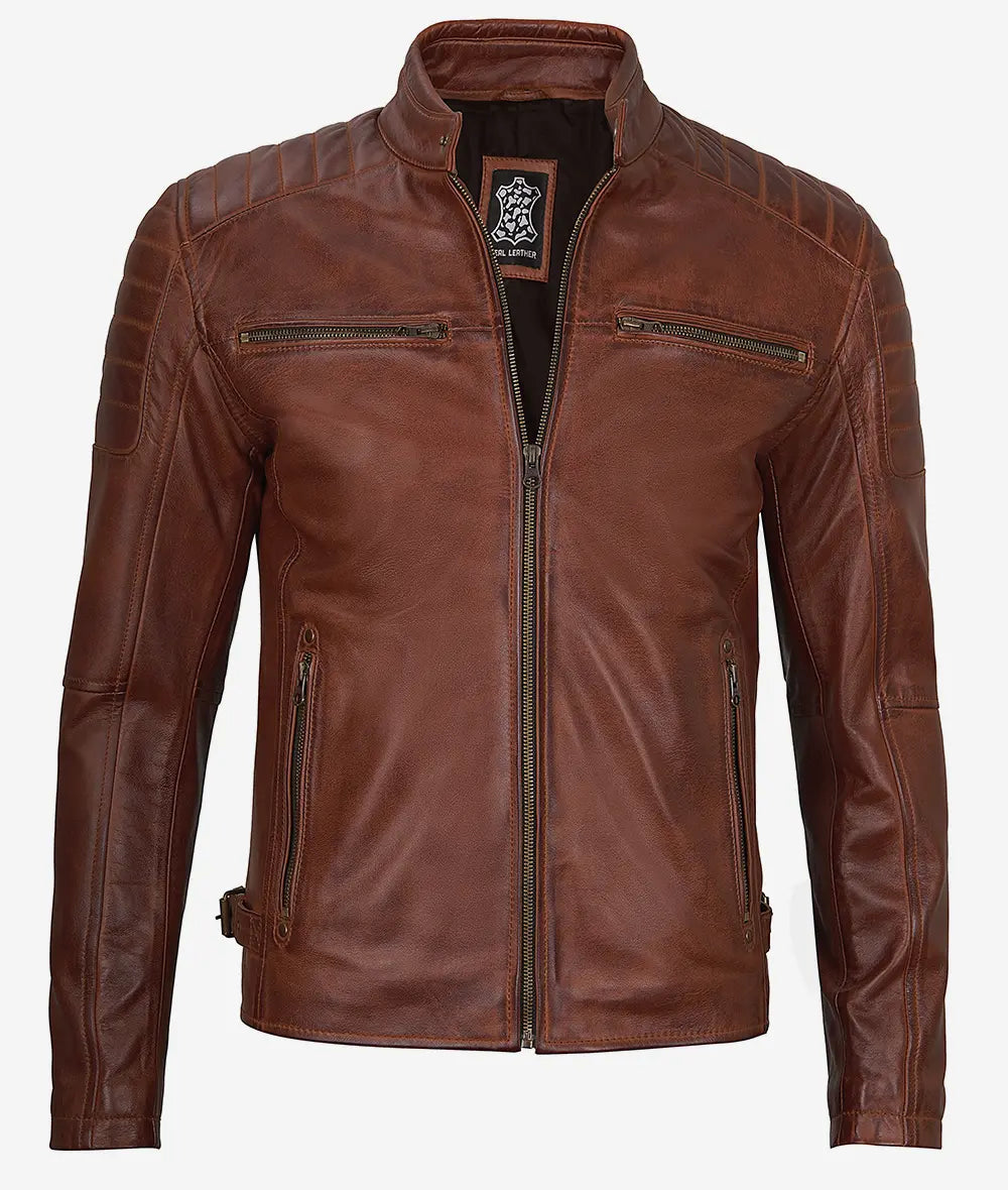 Men's Waxed Cognac Cafe Racer Real Leather Jacket