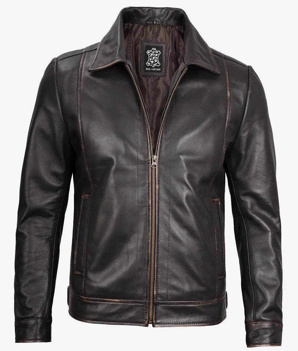 Reeves Men's Dark Brown Shirt Collar Leather Jacket