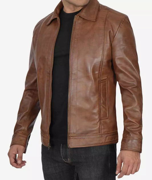 Reeves Men's Chocolate Brown Shirt Collar Leather Jacket