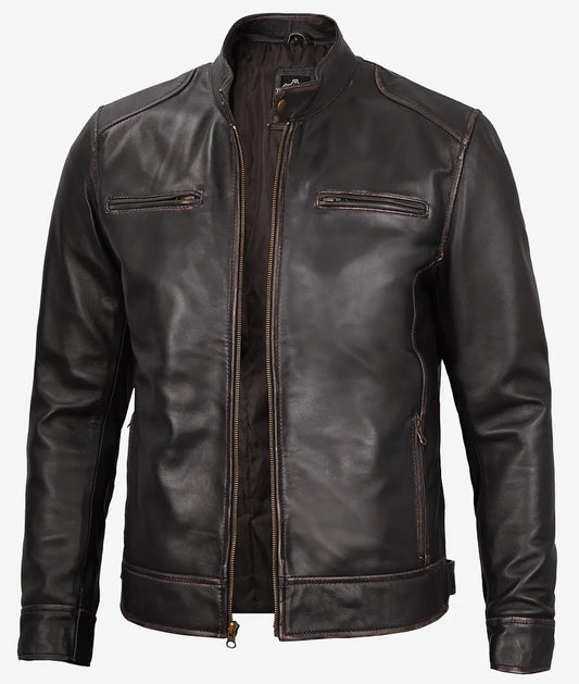 Men's Vintage Brown Real Leather Cafe Racer Jacket