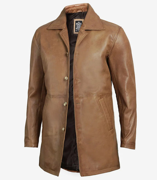 Men's Camel Brown Real Leather 3/4 Length Car Coat