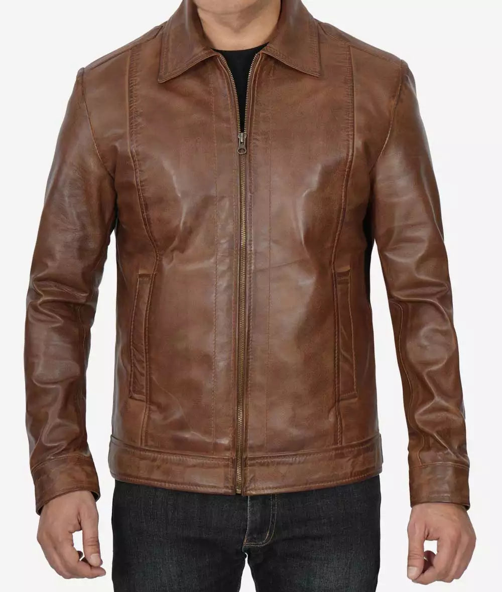 Reeves Men's Chocolate Brown Shirt Collar Leather Jacket