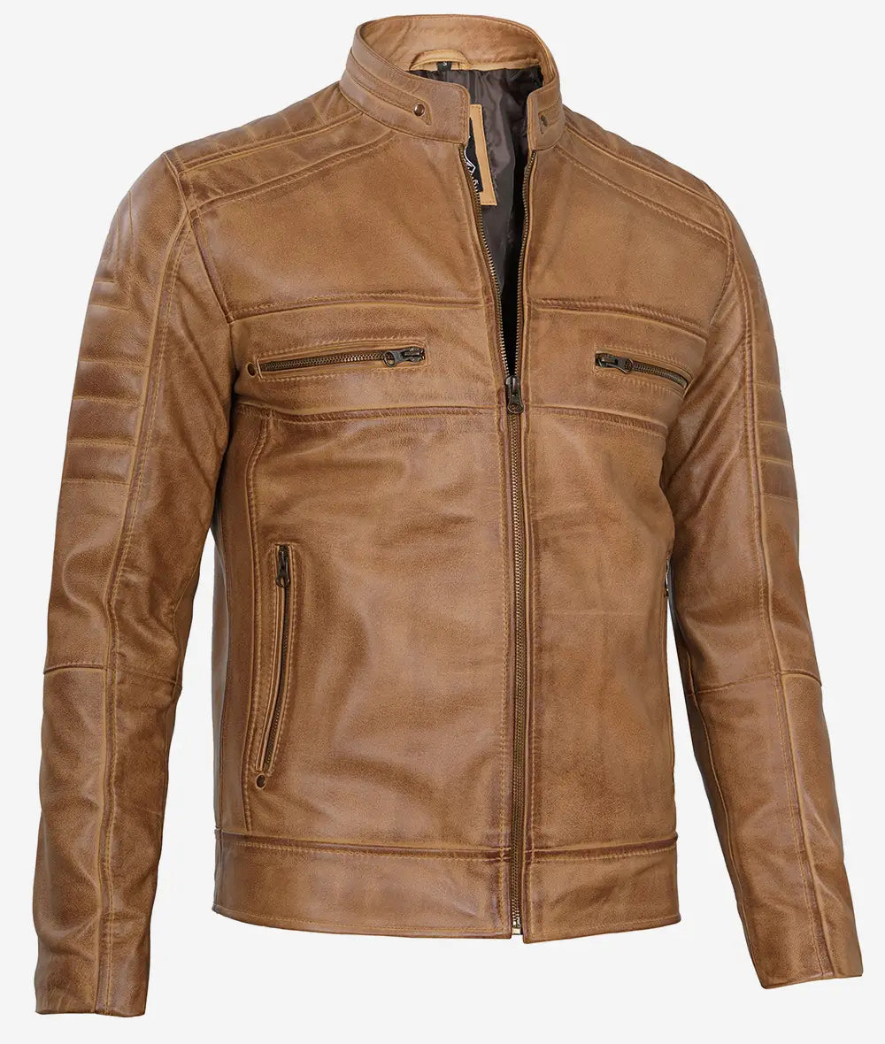 Men's Camel Brown Real Leather Jacket - Cafe Racer Style