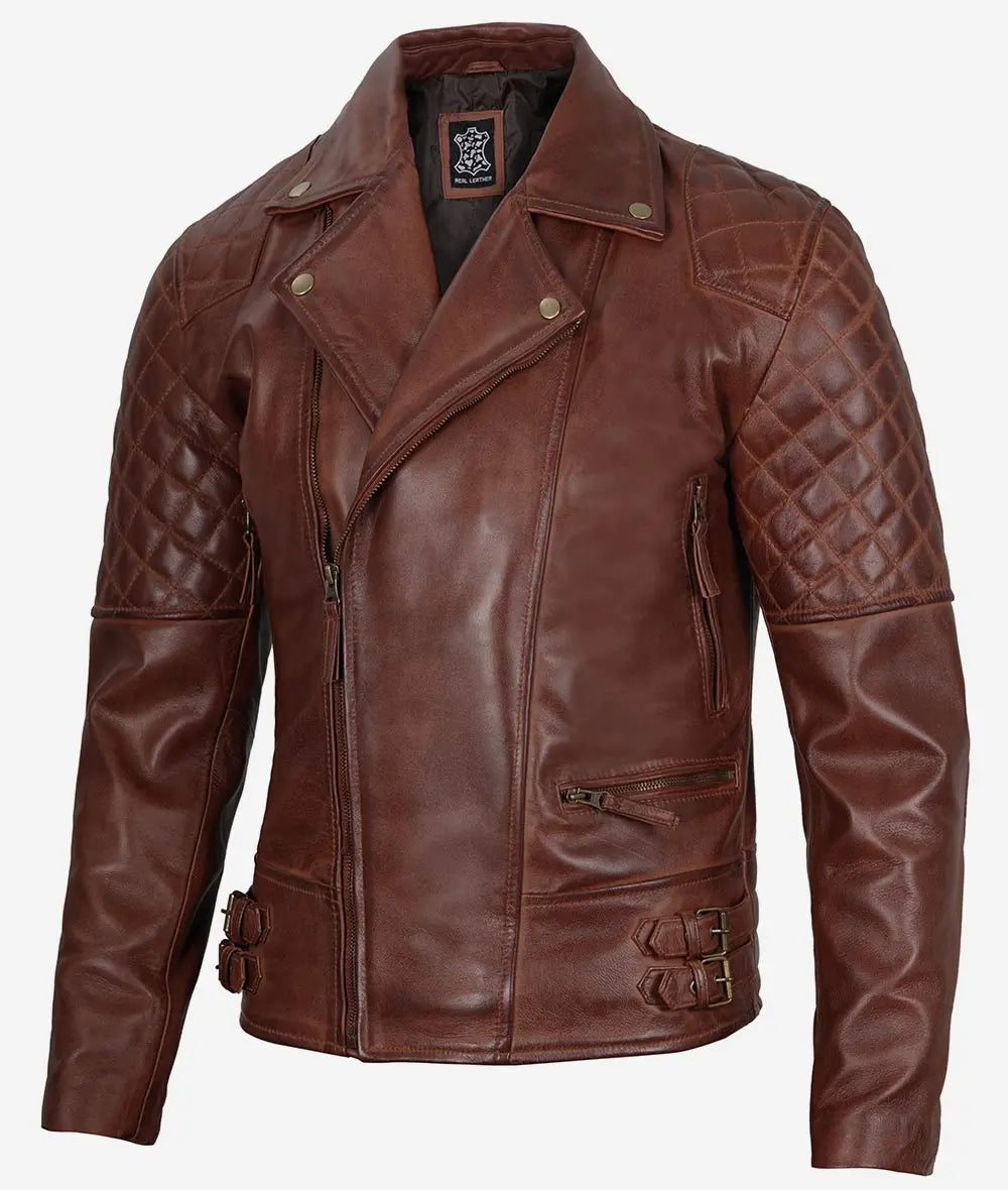 Men's Cognac Brown Leather Biker Jacket