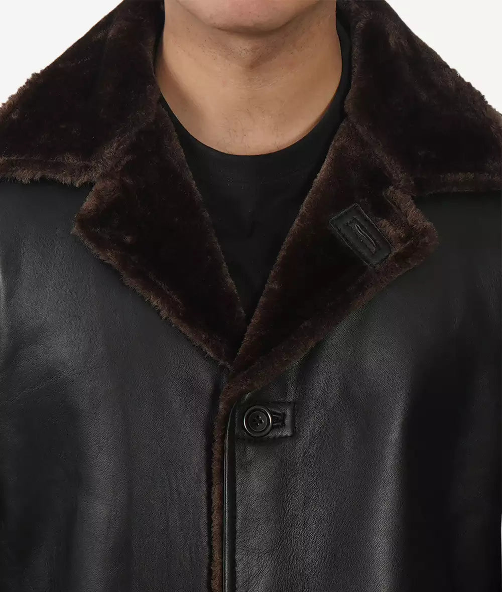 Men's Black Shearling 3/4 Length Winter Leather Coat