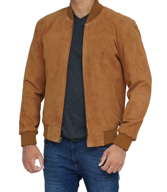 Light Brown Men's Suede Bomber Jacket