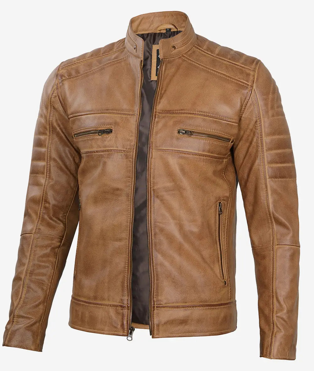 Men's Camel Brown Real Leather Jacket - Cafe Racer Style