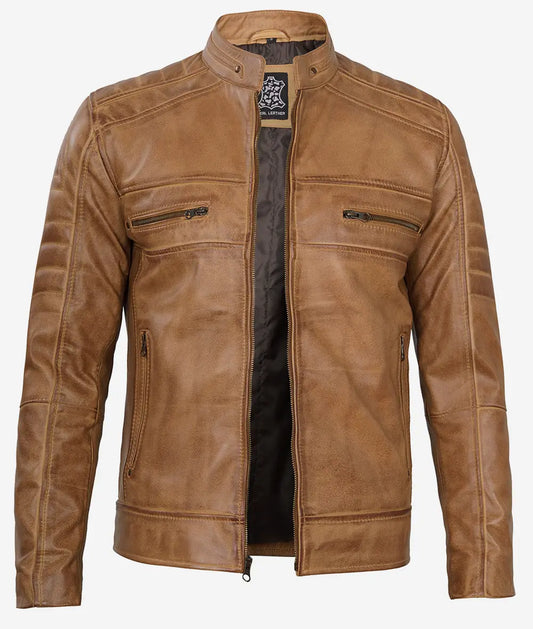 Men's Camel Brown Real Leather Jacket - Cafe Racer Style