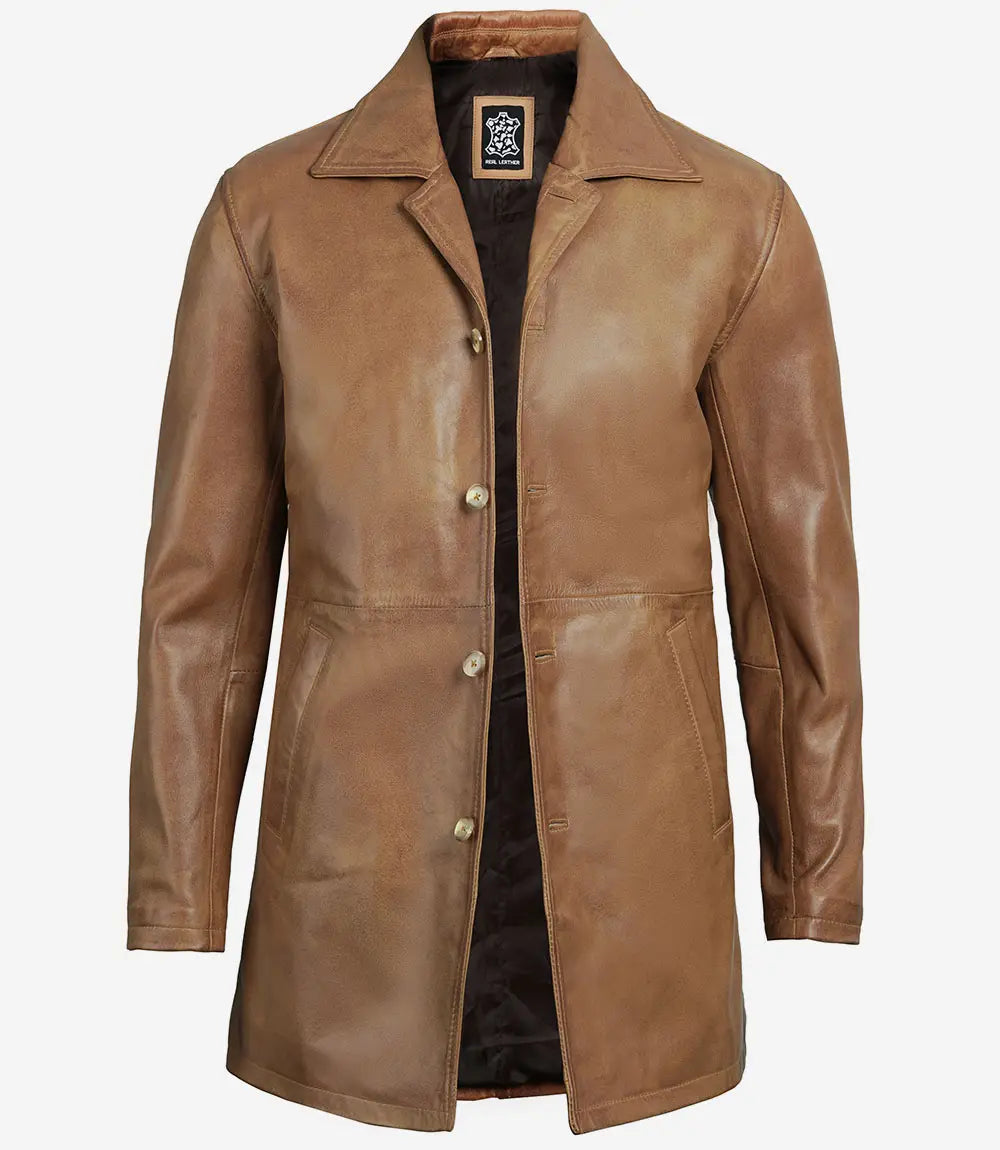 Men's Camel Brown Real Leather 3/4 Length Car Coat