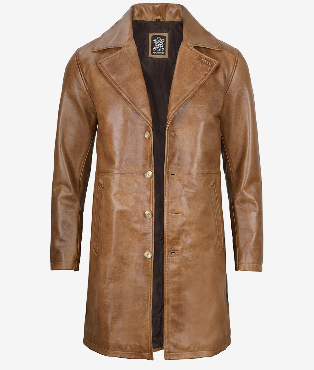 Men's Camel Brown Real Leather Car Coat