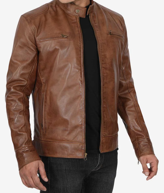 Men's Chocolate Brown Waxed Cafe Racer Motorcycle Leather Jacket