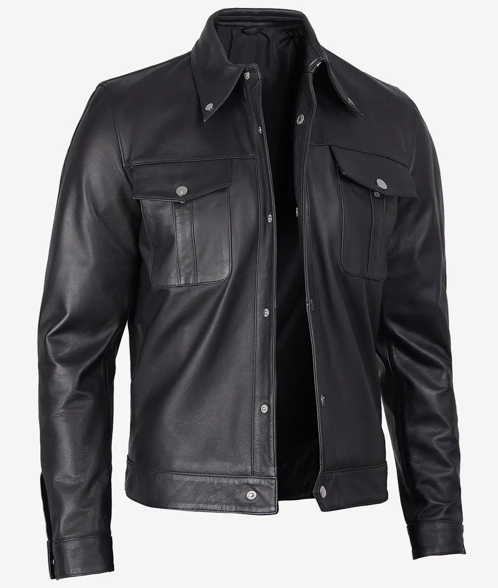 Men's Black Premium Trucker Leather Jacket : GRANDEUR EDITION