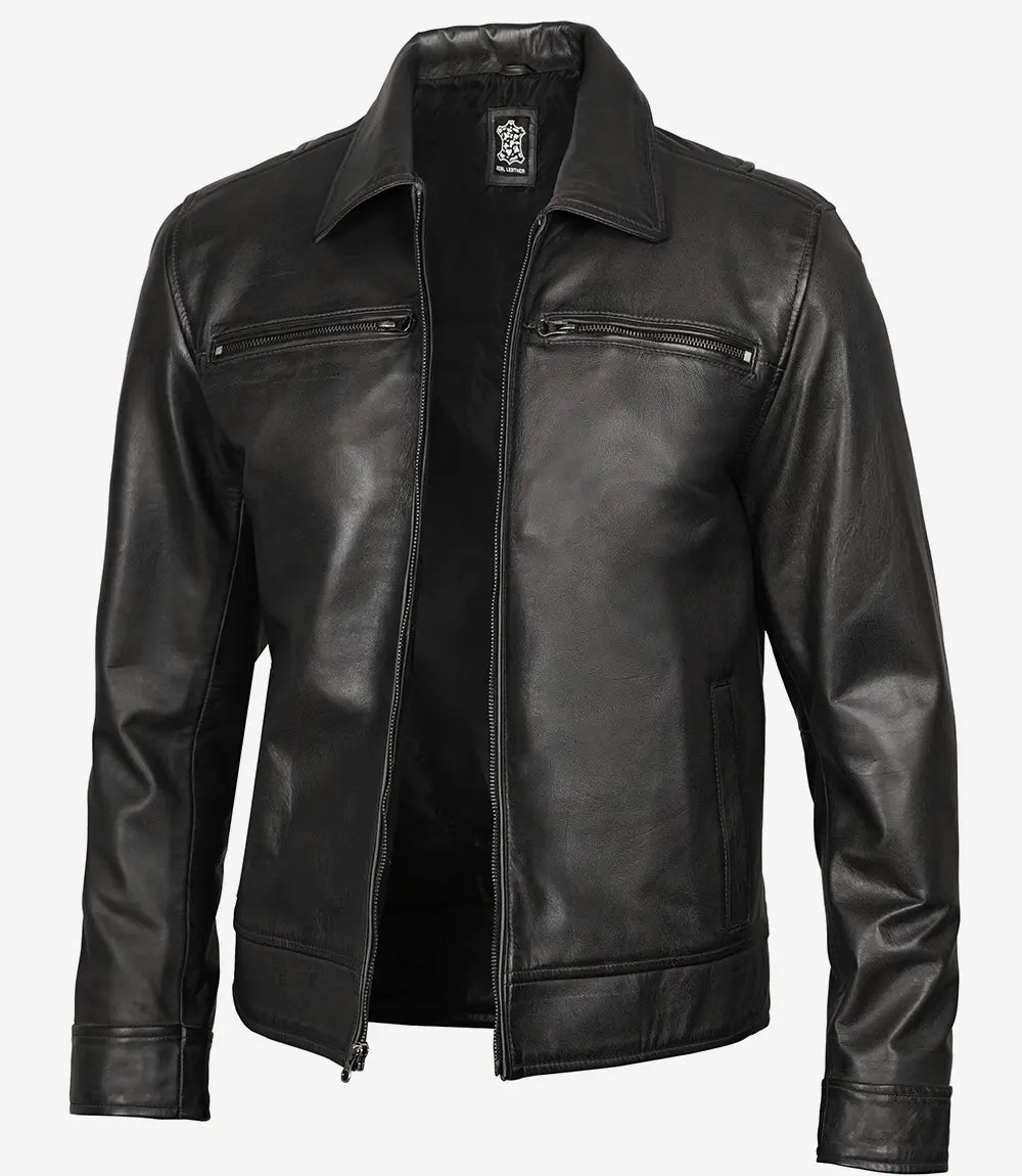 Men's Classic Shirt Style Black Leather Jacket