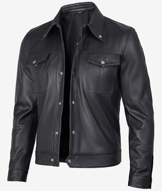 Men's Black Premium Trucker Leather Jacket : GRANDEUR EDITION