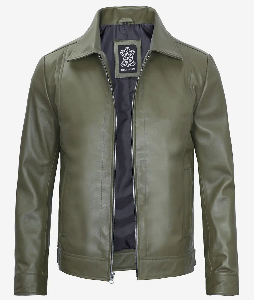 Men's Green Classic Shirt Collar Military Leather Jacket