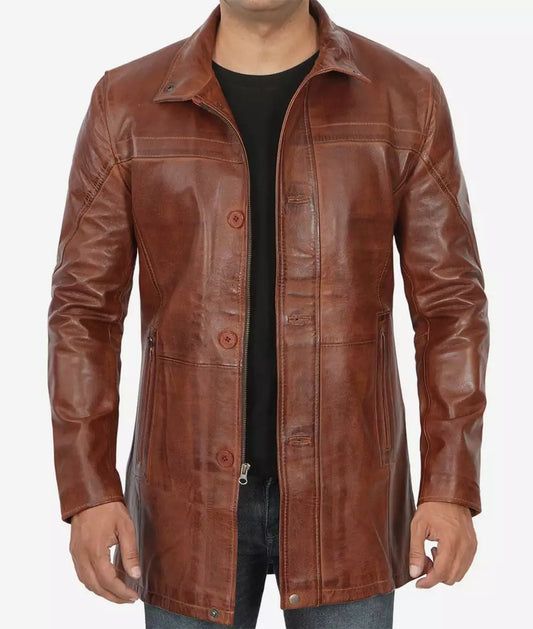 Men's Cognac Lambskin Real Leather Car Coat