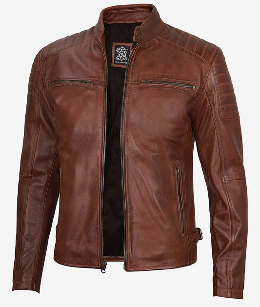 Men's Waxed Cognac Cafe Racer Real Leather Jacket