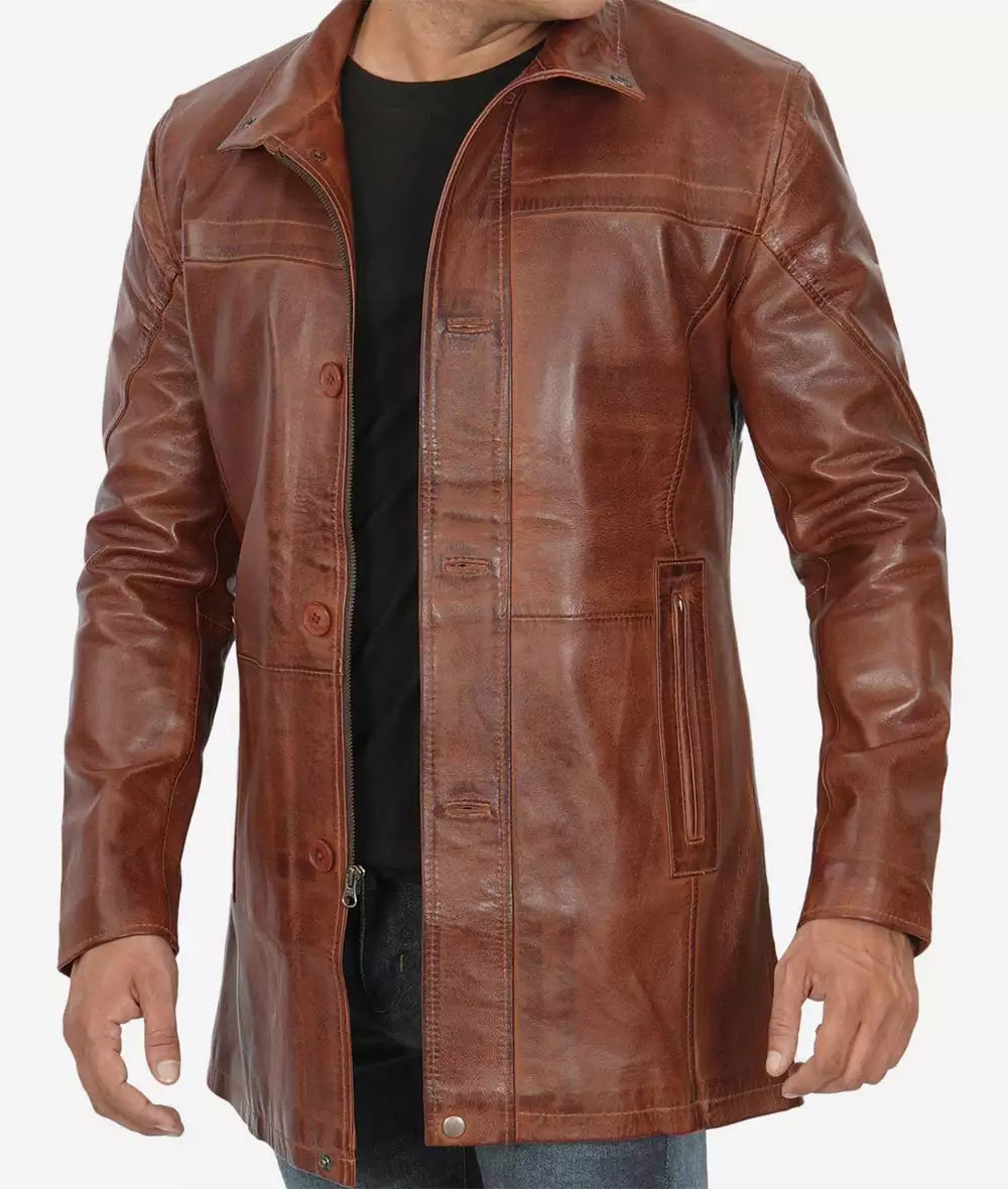 Men's Cognac Lambskin Real Leather Car Coat