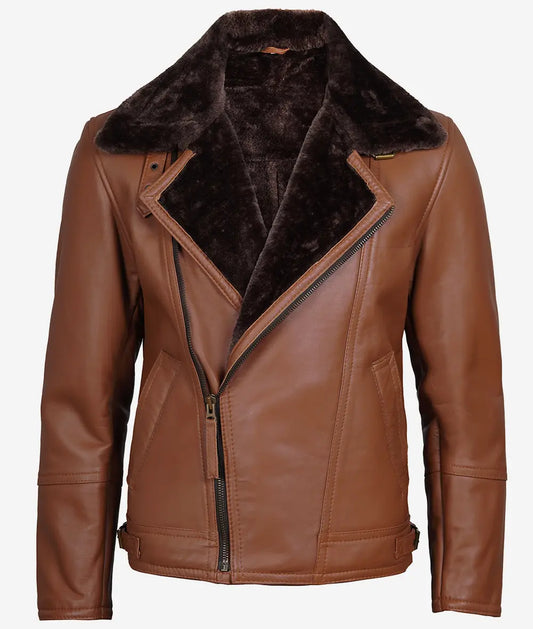 Men's Cognac Leather Shearling Moto Jacket