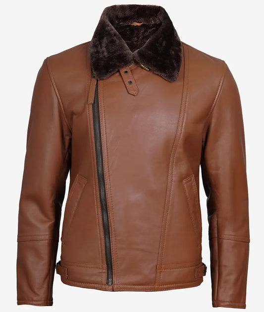 Men's Cognac Leather Shearling Moto Jacket