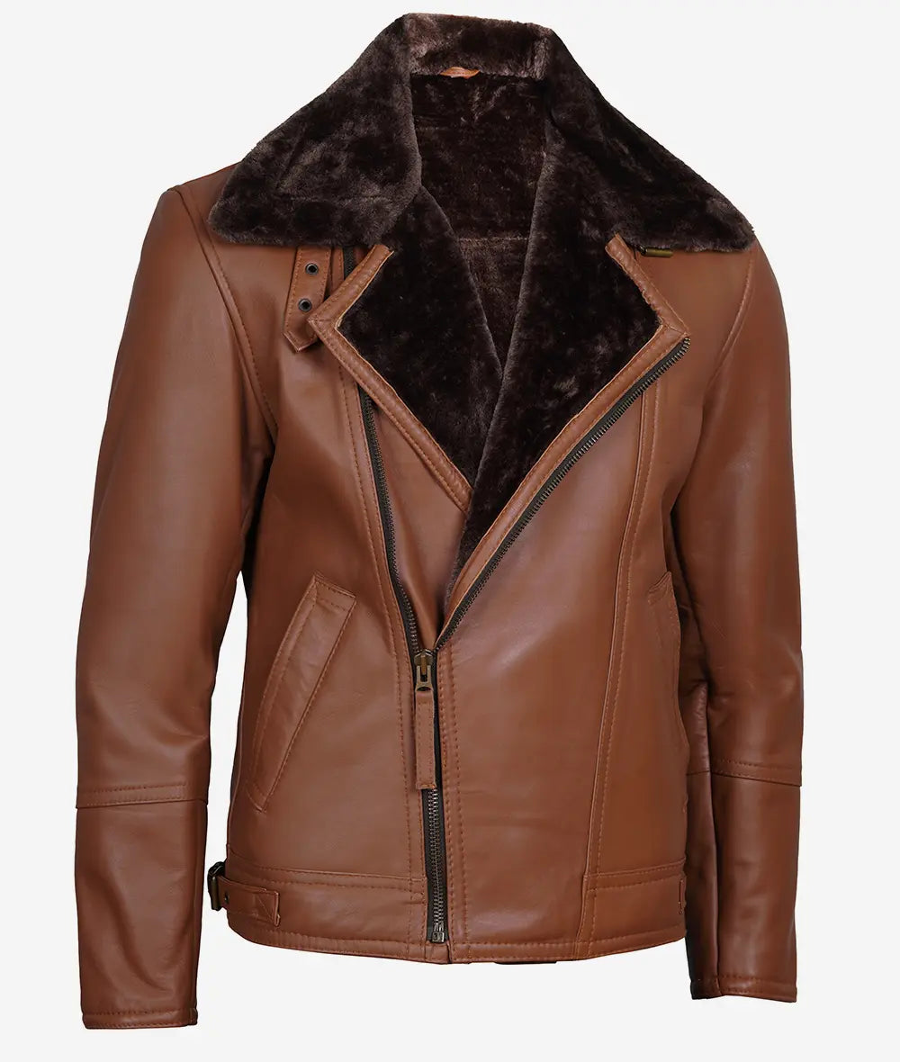 Men's Cognac Leather Shearling Moto Jacket