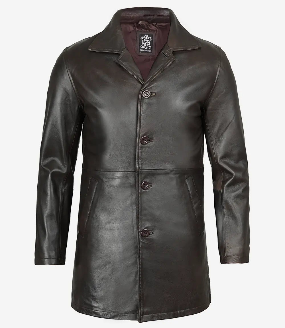 Men's Dark Brown Real Leather Car Coat