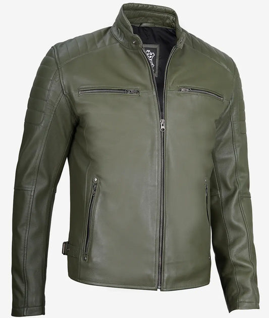 Men's Military Green Cafe Racer Leather Jacket