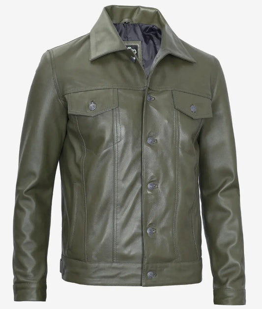 Men's Military Green Four Pockets Leather Trucker Jacket