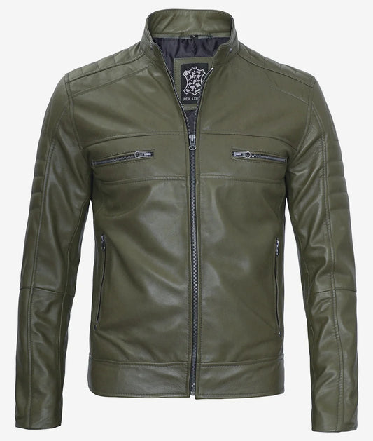 Men's Military Green Cafe Racer Leather Jacket