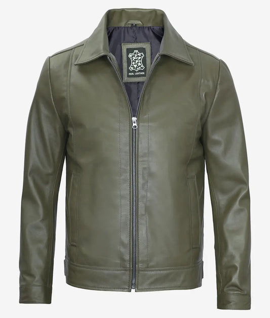 Men's Green Classic Shirt Collar Military Leather Jacket