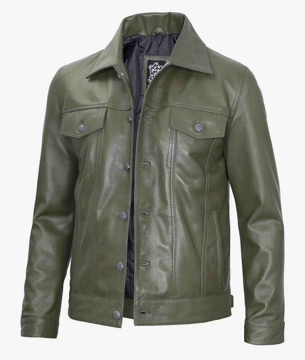 Men's Military Green Four Pockets Leather Trucker Jacket