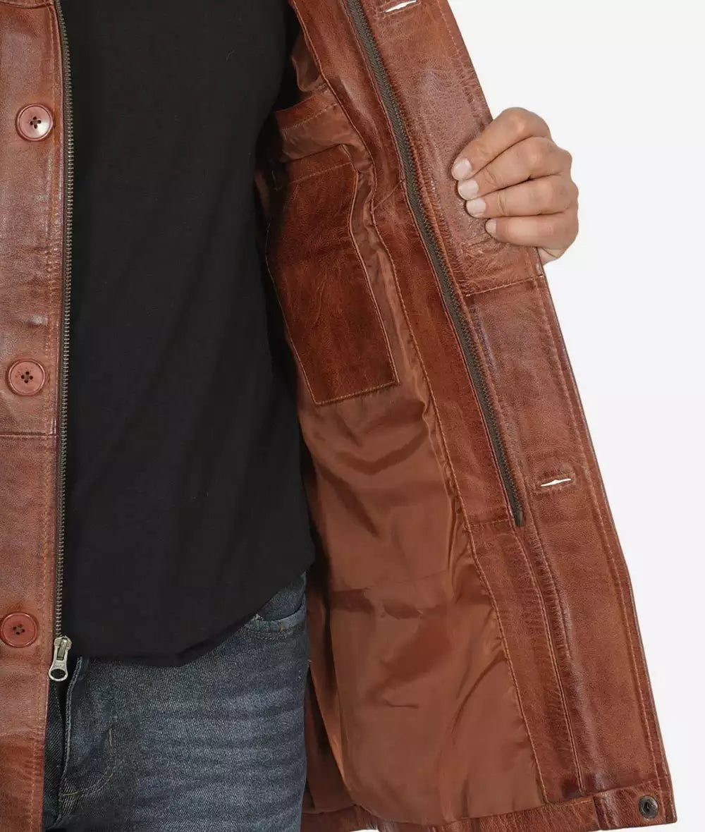 Men's Cognac Lambskin Real Leather Car Coat