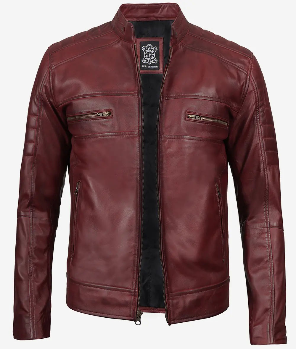 Men's Maroon Cafe Racer Leather Jacket