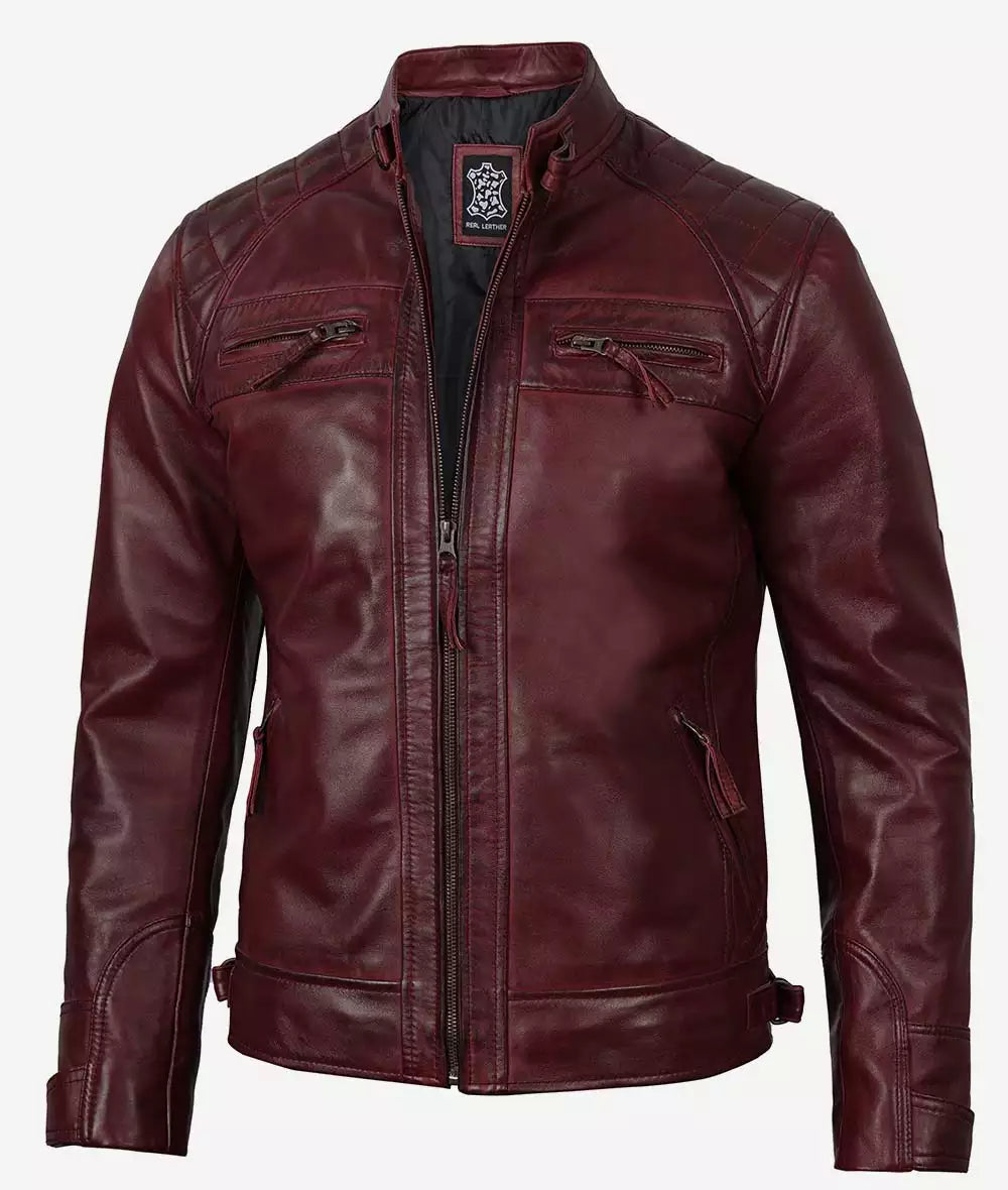 Men's Real Lambskin Leather Maroon Biker Jacket with Quilted Shoulders